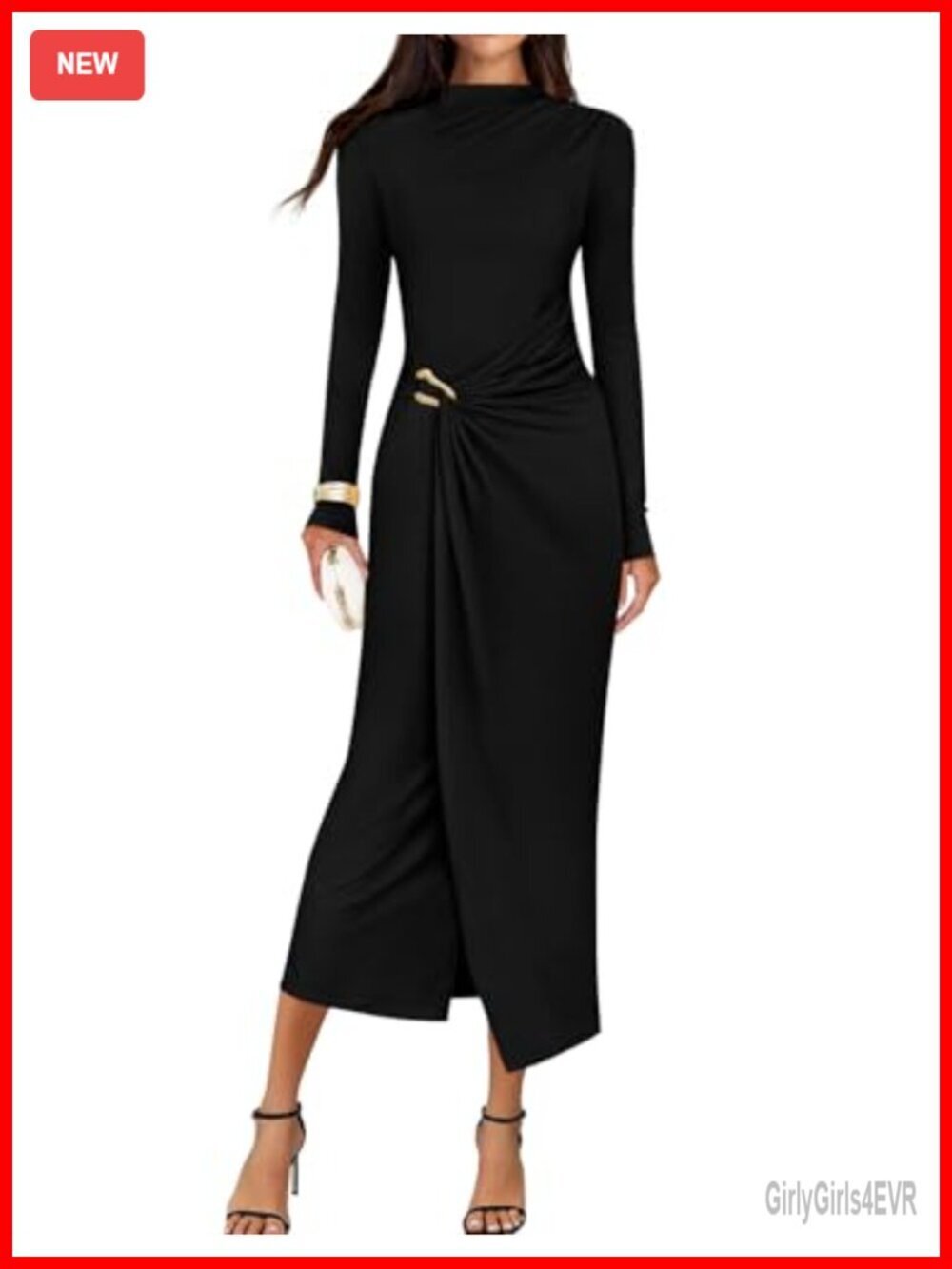 Long Sleeve Mock Neck Bodycon Midi Dress - Wedding Guest Cocktail Party